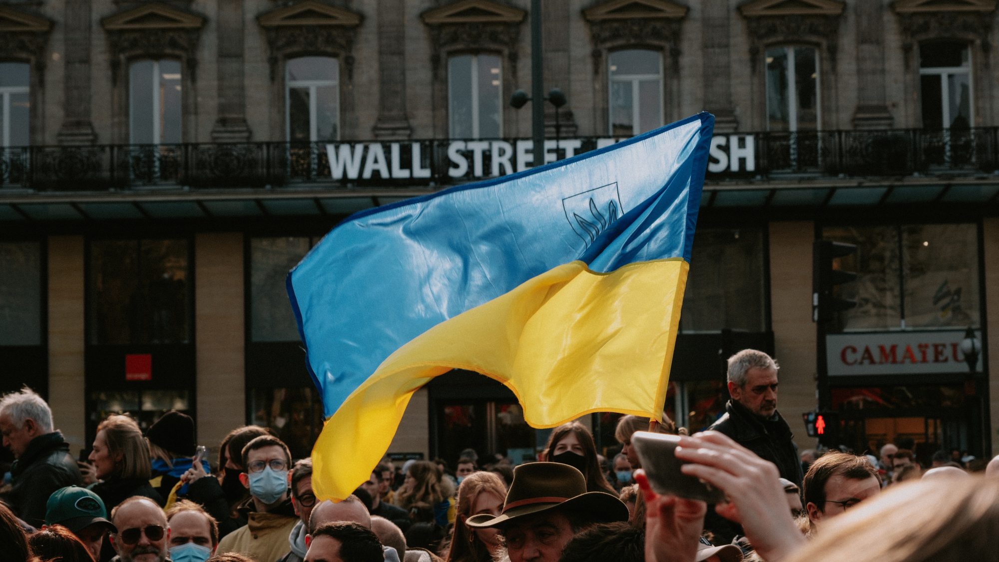 Ukraine flag raised at a protest